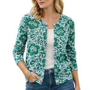 Ann Taylor Floral Ann Cardigan in Mellow Mint Cotton Green Blue Button Front L